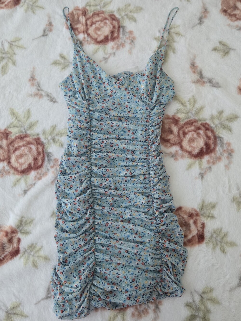 Urban Outfitters Light Blue Floral Ruched Mini Dress Size XS